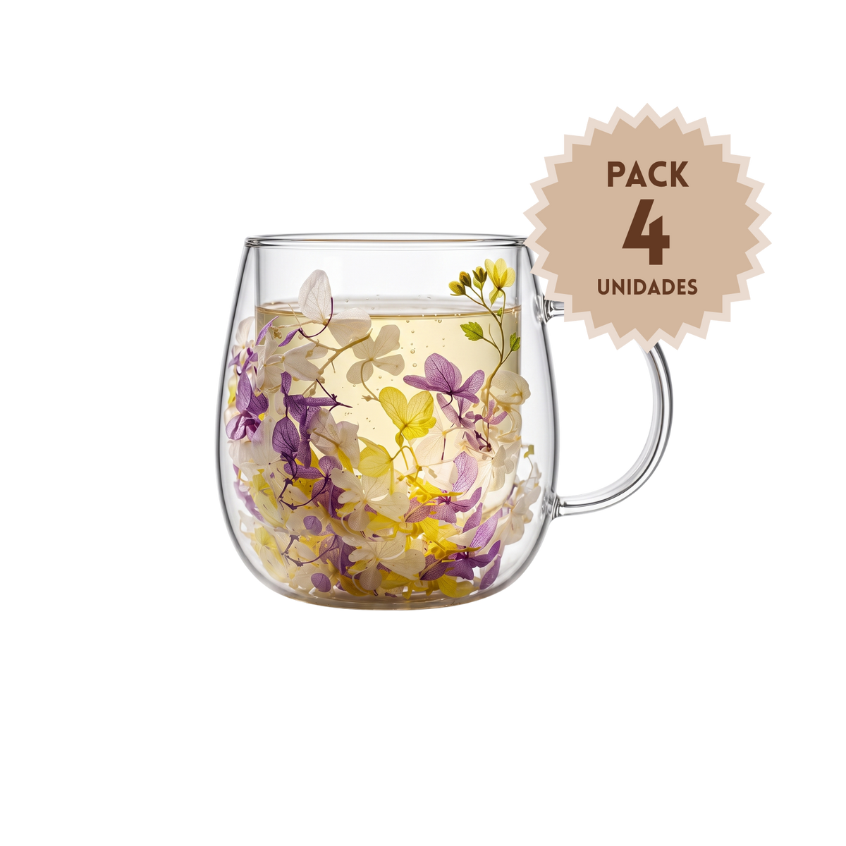 Pack 4 Tazas de Vidrio Flores Eternas Amarilla Lila