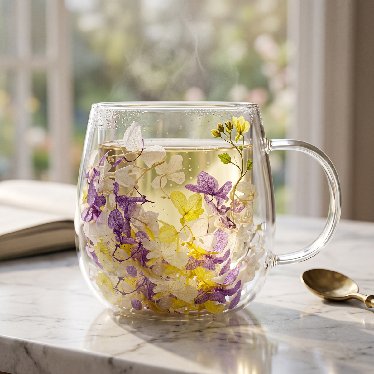 Pack 4 Tazas de Vidrio Flores Eternas Amarilla Lila