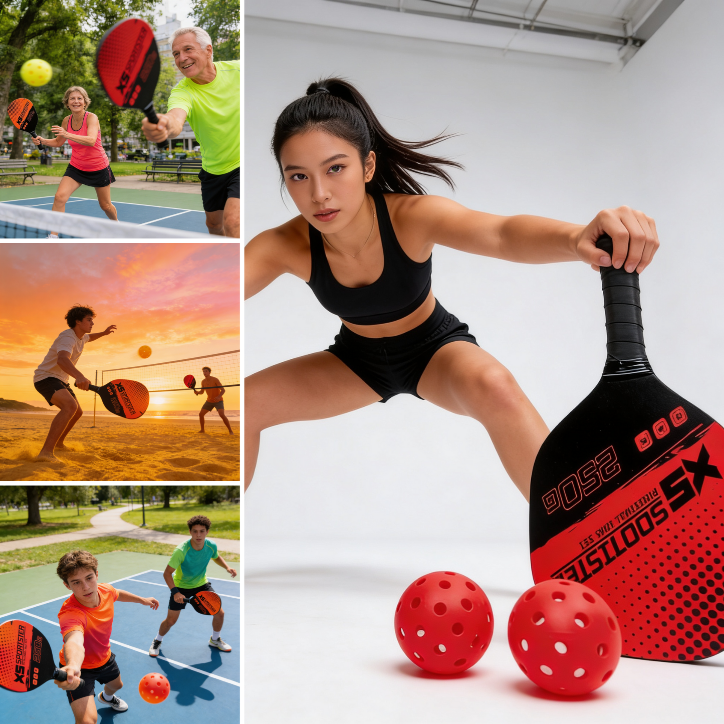 Set de Pickleball Combo 2 Paletas 4 Pelotas Playa Outdoor Rojo