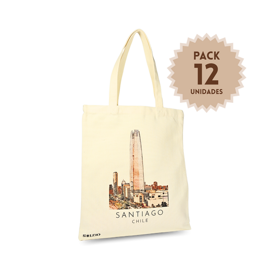 Pack 12 Tote Bag Lona Chile Santiago Acuarela