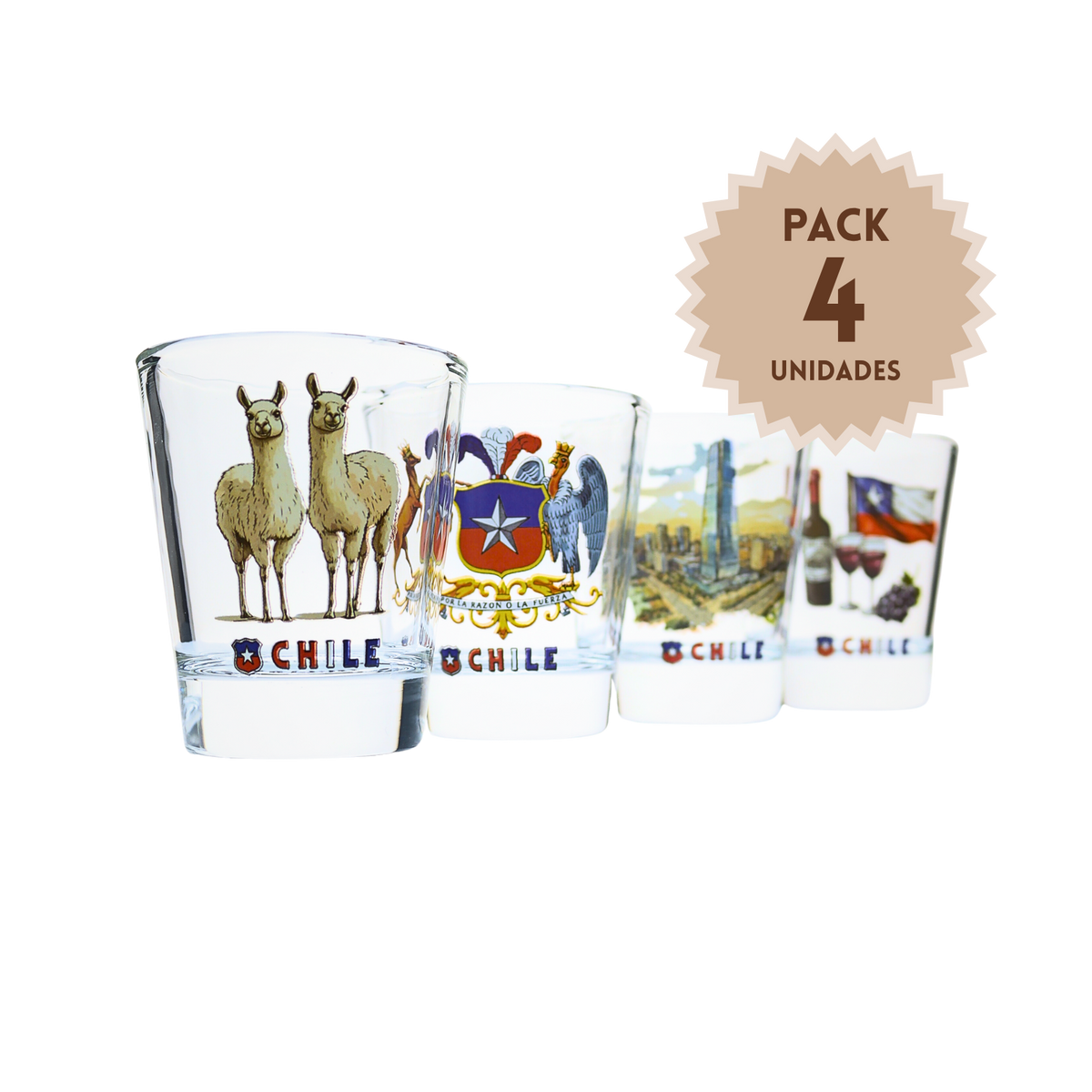 Pack 4 Set De Vasos Shot Tequileros 40 Ml 4 Unid. Chile Souvenir