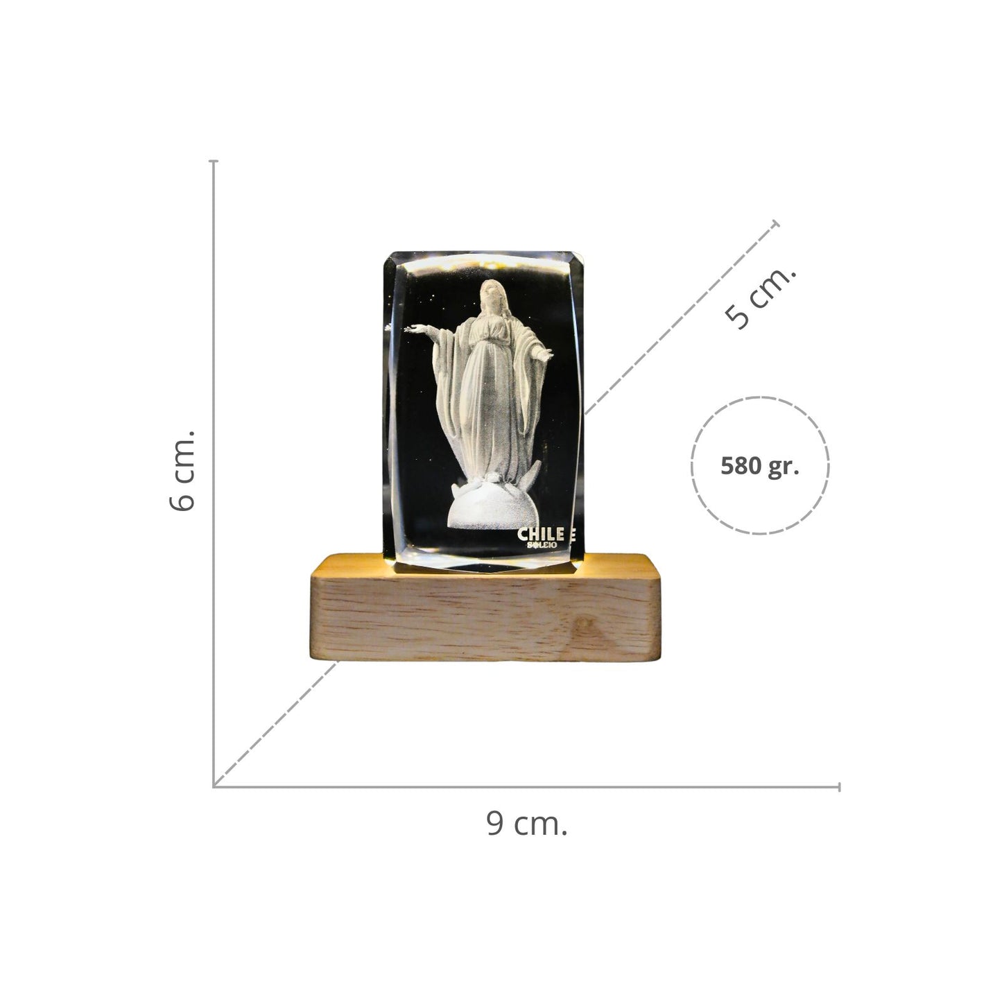 Cristal 3d Decorativo Con Base Led Virgen Maria